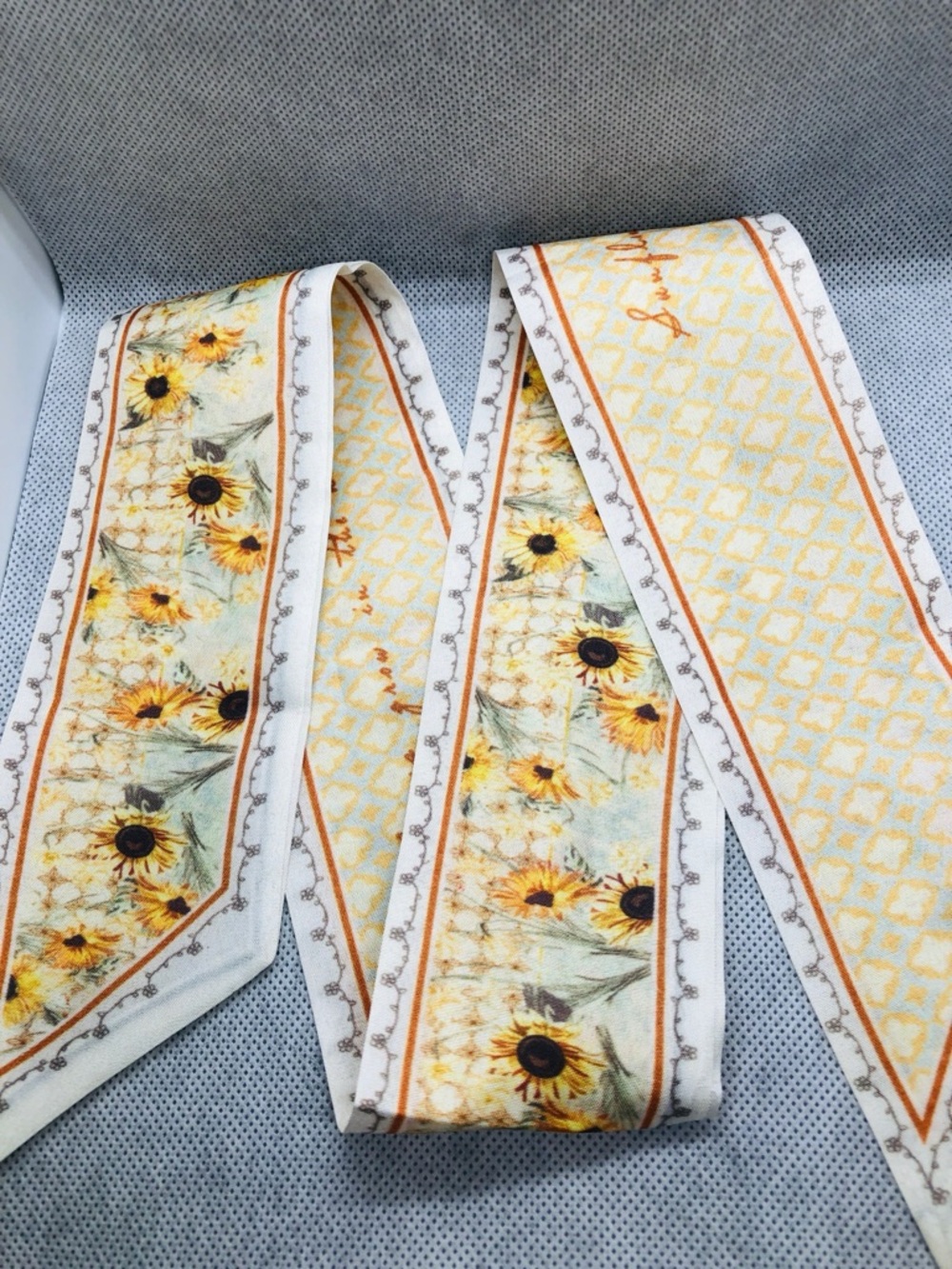 Sunflower Print Women’s Scarf Ribbon - Cream and Yellow - Picture 3 of 3
